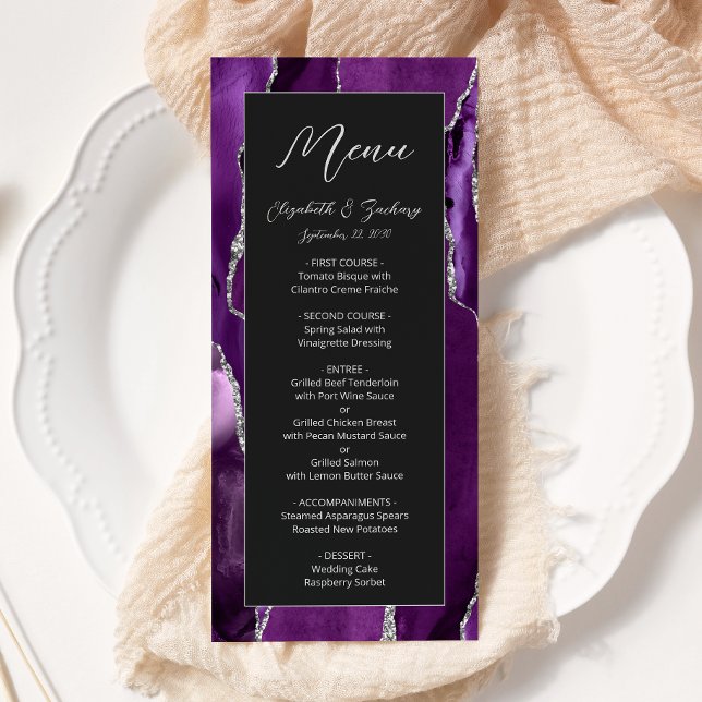 Modern Purple Silver Agate Dark Wedding Menu (Creator Uploaded)