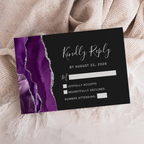 Modern Purple Silver Agate Dark Wedding RSVP Card