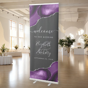 Modern Purple Silver Agate Dark Wedding Welcome Retractable Banner