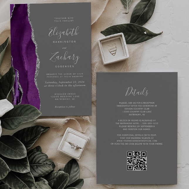 Modern Purple Silver Agate Gray QR Code Wedding Invitation (Creator Uploaded)