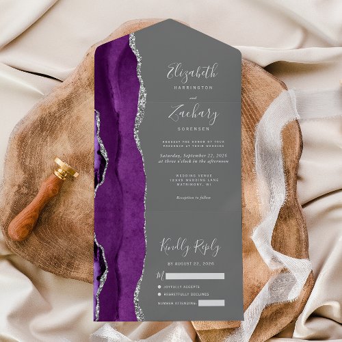 Modern Purple Silver Agate Gray Wedding All In One Invitation