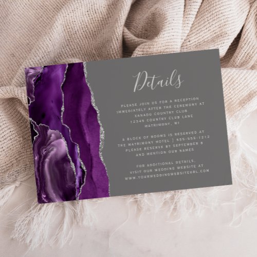 Modern Purple Silver Agate Gray Wedding Details Enclosure Card