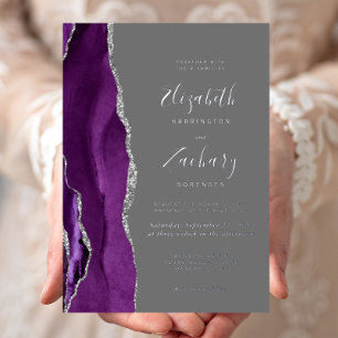 Modern Purple Silver Agate Gray Wedding Foil Invitation