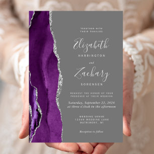 Modern Purple Silver Agate Gray Wedding Invitation