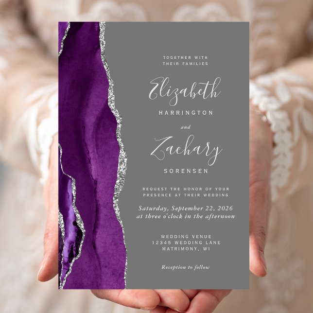 Modern Purple Silver Agate Gray Wedding Invitation (Creator Uploaded)