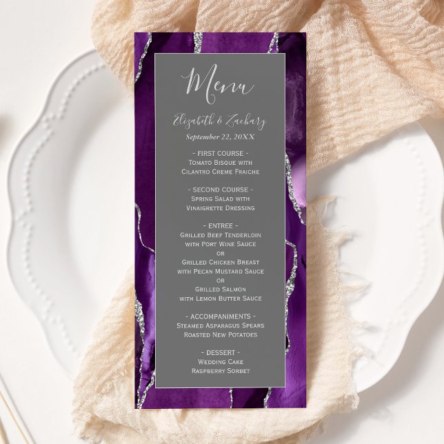 Modern Purple Silver Agate Gray Wedding Menu (Creator Uploaded)