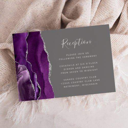 Modern Purple Silver Agate Gray Wedding Reception Enclosure Card