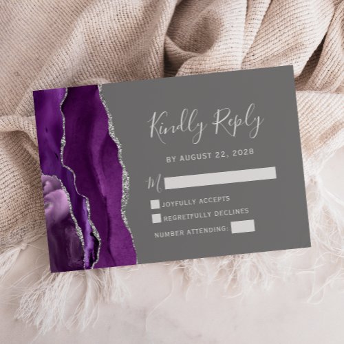 Modern Purple Silver Agate Gray Wedding RSVP Card
