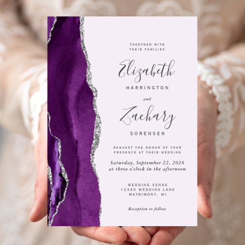 Modern Purple Silver Agate Lavender Wedding Invitation