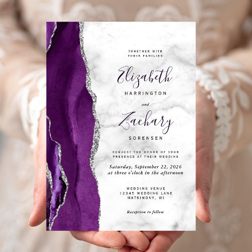 Modern Purple Silver Agate Marble Wedding Invitation