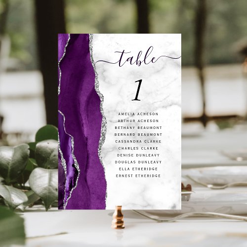 Modern Purple Silver Agate Marble Wedding Table Number