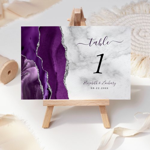 Modern Purple Silver Agate Marble Wedding Table Number