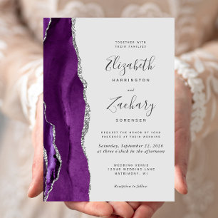 Modern Purple Silver Agate Pale Gray Wedding Invitation