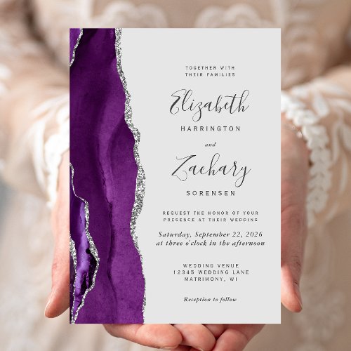 Modern Purple Silver Agate Pale Gray Wedding Invitation