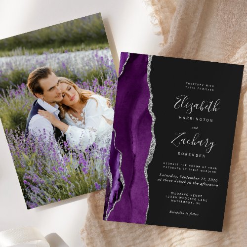 Modern Purple Silver Agate Photo Dark Wedding Invitation
