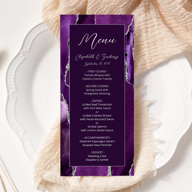 Modern Purple Silver Agate Plum Wedding Menu (Creator Uploaded)
