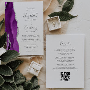 Modern Purple Silver Agate QR Code Wedding Invitation