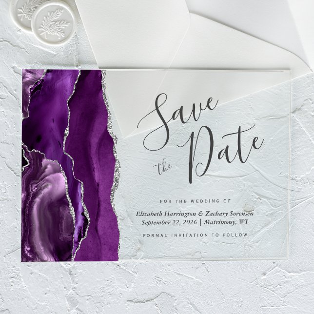 Modern Purple Silver Agate Save the Date Card (Creator Uploaded)