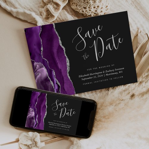 Modern Purple Silver Agate Save the Date Card