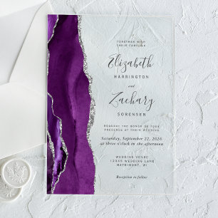 Modern Purple Silver Agate Wedding Acrylic Invitations
