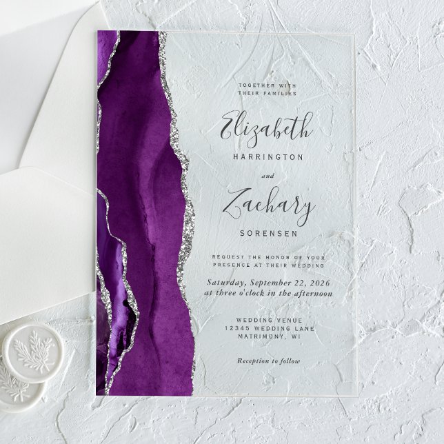 Modern Purple Silver Agate Wedding Acrylic Invitations (Creator Uploaded)