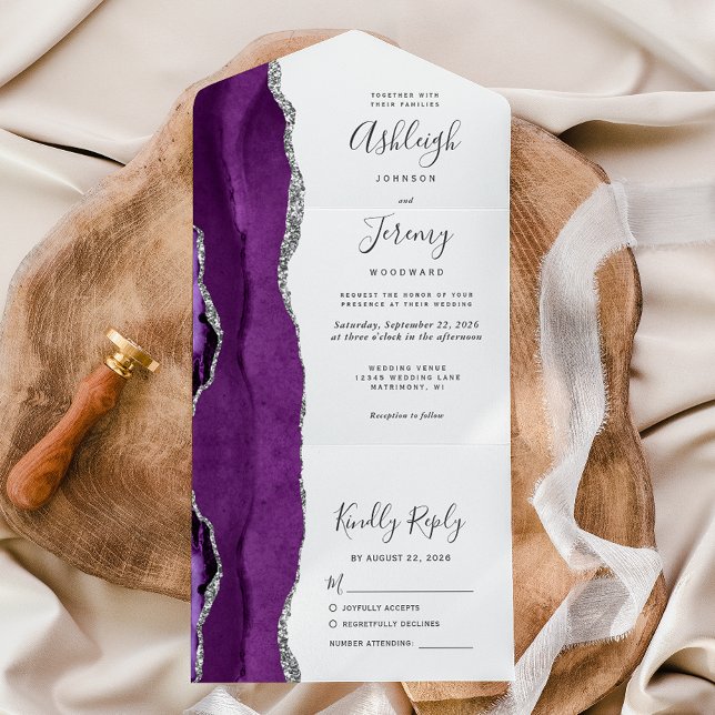 Modern Purple Silver Agate Wedding All In One Invitation (Creator Uploaded)