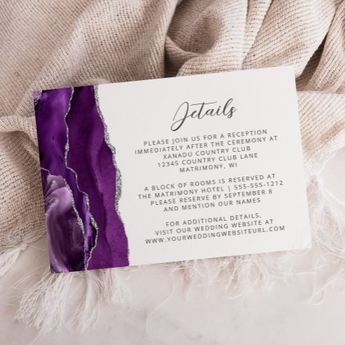 Modern Purple Silver Agate Wedding Details Enclosure Card