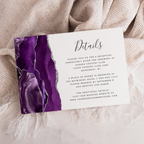 Modern Purple Silver Agate Wedding Details Enclosure Card