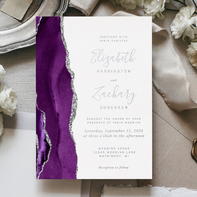 Modern Purple Silver Agate Wedding Foil Invitation (Creator Uploaded)