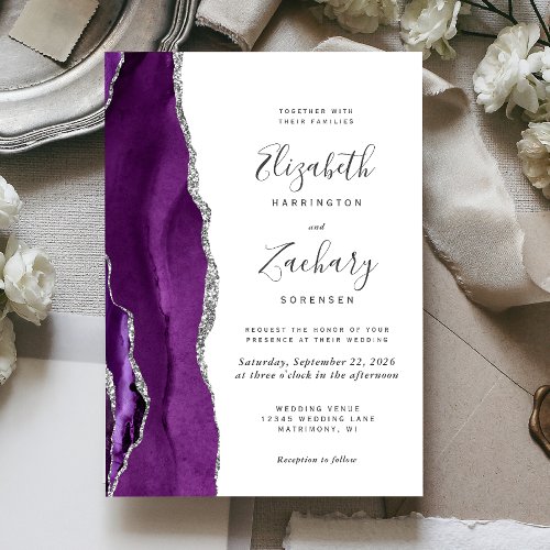Modern Purple Silver Agate Wedding Invitation