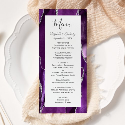 Modern Purple Silver Agate Wedding Menu