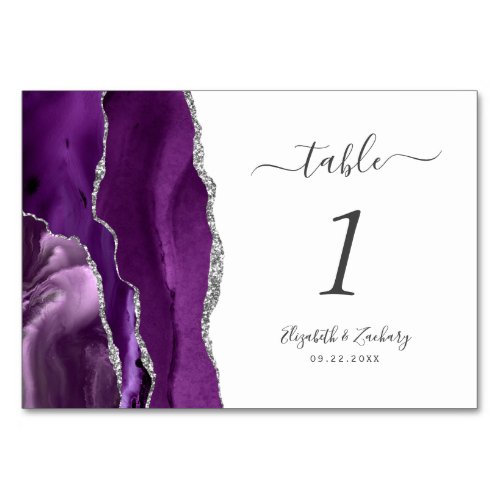 Modern Purple Silver Agate Wedding Table Number