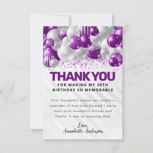 Modern Purple Silver Balloon Glam Glitter Birthday Thank You Card