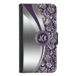 Modern Purple &amp; Silver Floral Damasks Wallet Phone Case For Samsung Galaxy S5