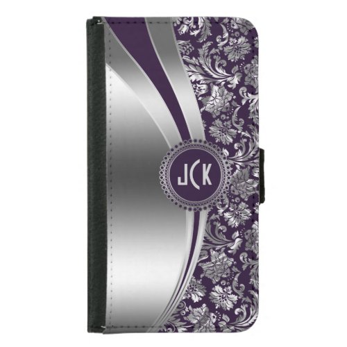 Modern Purple  Silver Floral Damasks Wallet Phone Case For Samsung Galaxy S5