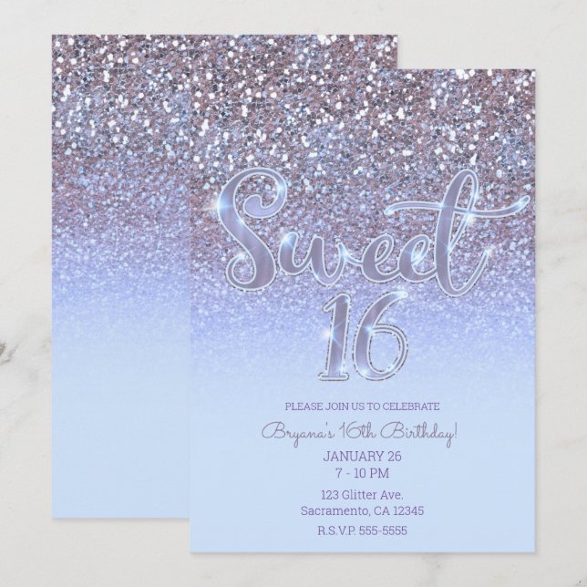 Modern Purple Silver Glam Glitter Sweet 16 Invitation (Front/Back)
