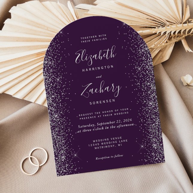 Modern Purple Silver Glitter Arch Wedding Invitation (Creator Uploaded)