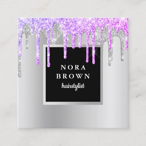 Modern purple silver glitter drips hairstylist square business card
