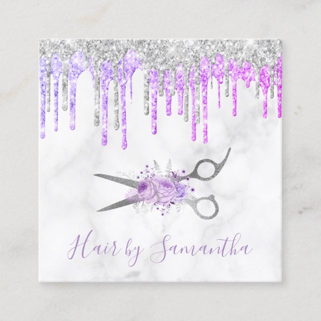Modern purple & silver glitter drips marble hair square business card (Front)