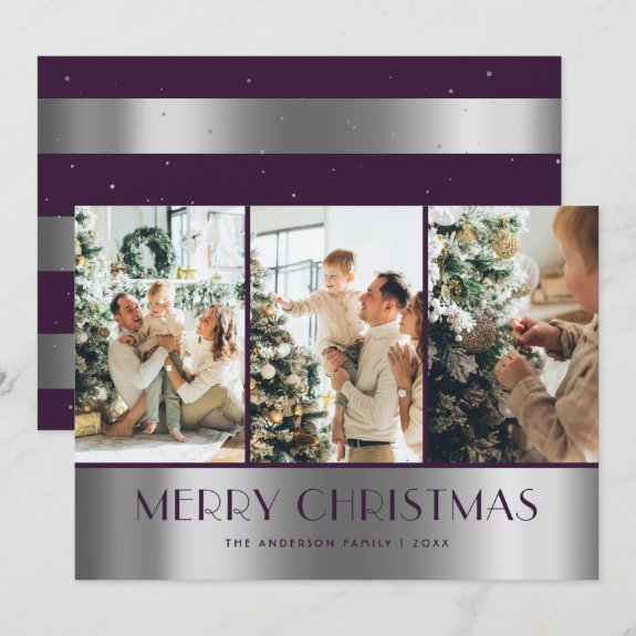 Modern Purple Silver Photo Collage Christmas Card