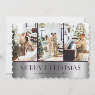 Modern Purple Silver Photo Merry Christmas Card