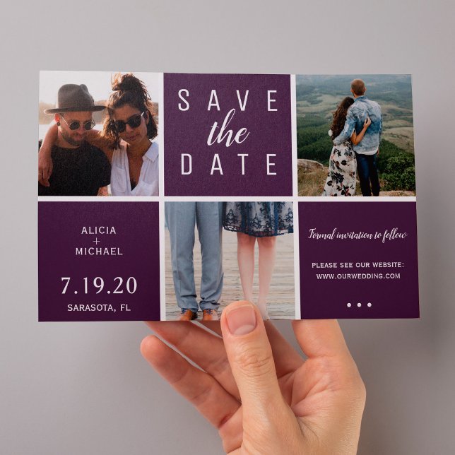 Modern purple simple 3 photo collage wedding save the date (Creator Uploaded)