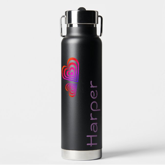 Modern Purple Simple Heart Name Personalized Water Bottle (Front)