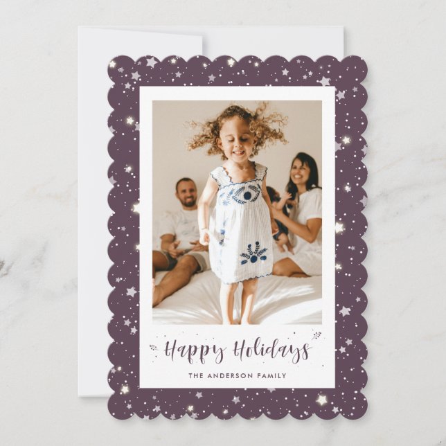 Modern Purple Snow Stars Photo Happy Holidays Card (Front)