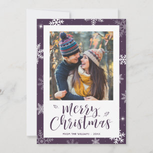 Modern Purple Snowflake Photo Christmas Holiday Card