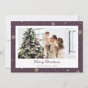 Modern Purple Snowflake Photo Merry Christmas Holiday Card