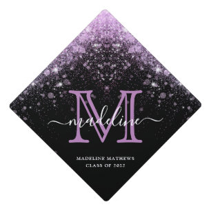Modern Purple Sparkle Glitter Monogram Script Graduation Cap Topper