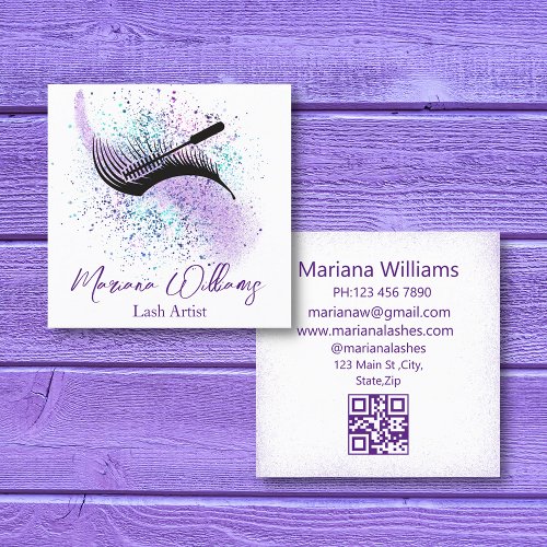 modern purple splashes lash artist qr code chic  square business card