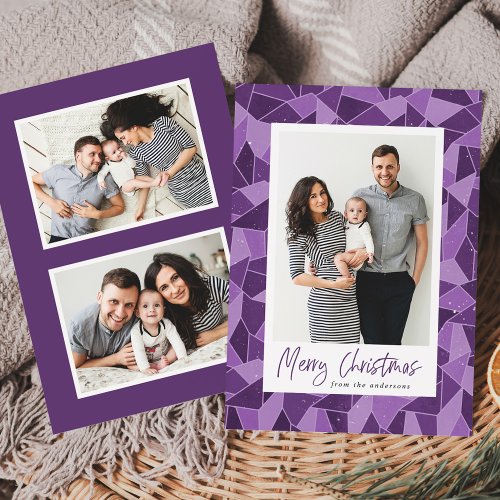 Modern Purple Stained Glass Merry Christmas Photo Holiday Card