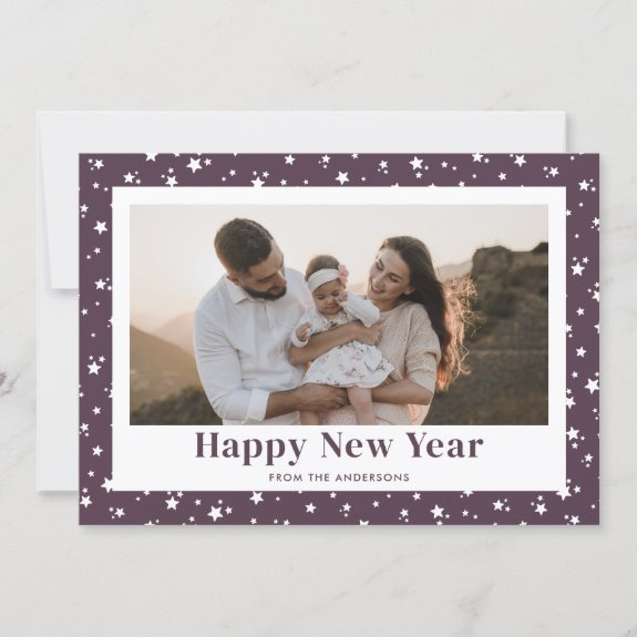 Modern Purple Stars Photo Happy New Year Card